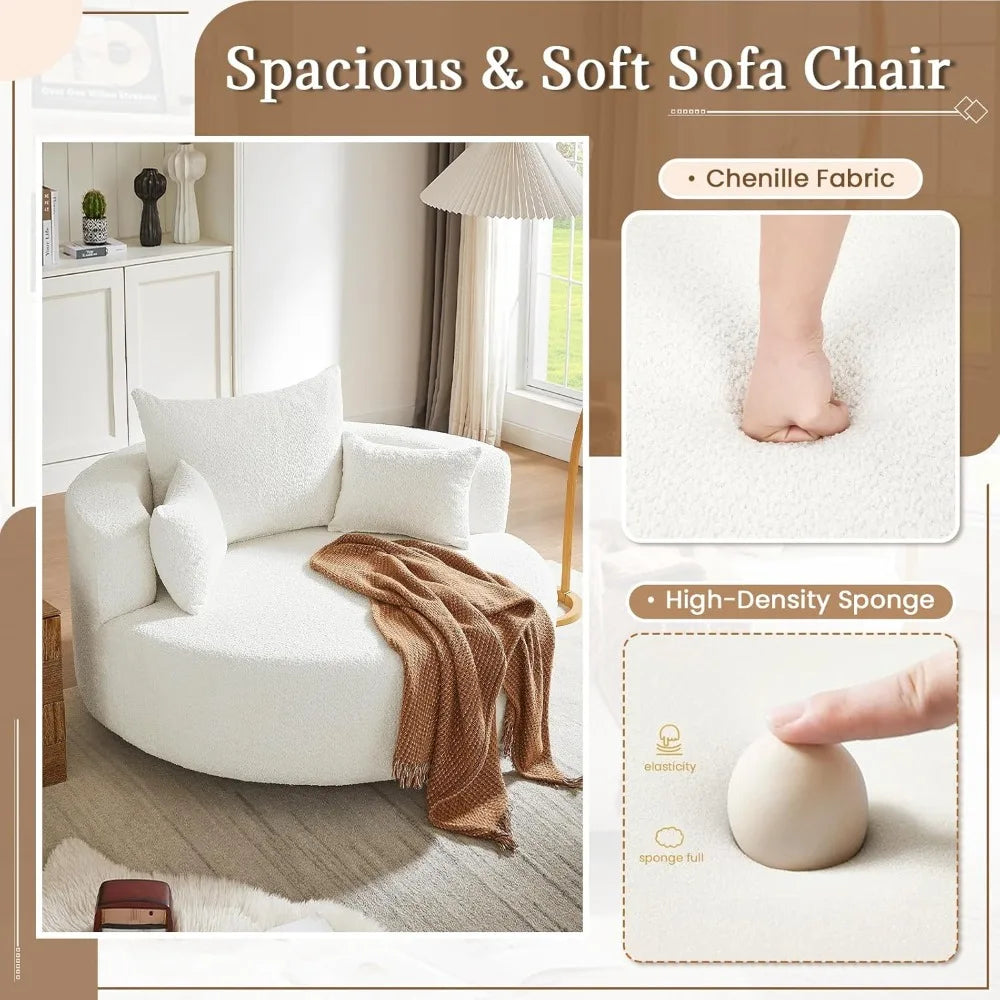 55.1” Oversized Round Swivel Barrel Chair, Large Upholstered Accent Sofa Chair with 3 Pillow,Comfy Chenille Cloud Circle Reading