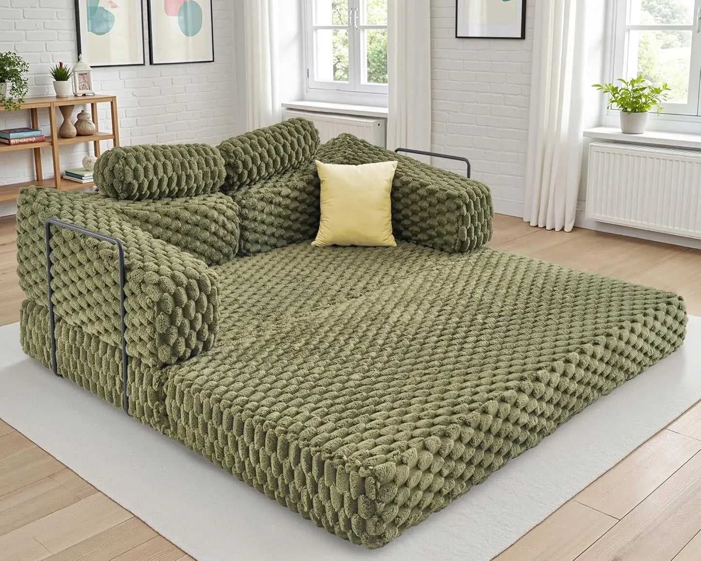 VanAcc Foldable Sofa Bed, Convertible Floor Sofa with Plush Faux Fur, No Assembly Mattress Couch for Living Room