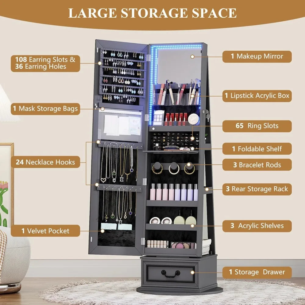 Mirror Jewelry Cabinet Standing, 360° Swivel Jewelry Armoire with Full Length Mirror, Lockable Mirror with Jewelry Storage