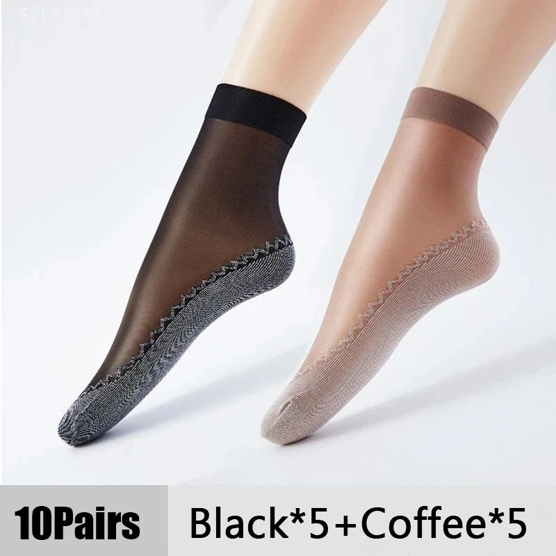 1/10Pairs Womens Anti-Slip Cotton Sock Thin Socks Casual Non-Slip Bottom Splice Spring-Autumn Transparent Ladies Breathable Sock