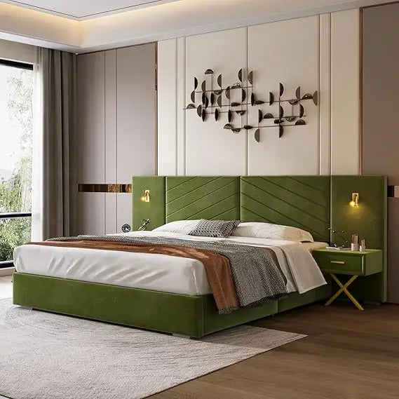Luxurious King Platform Bed Frame, Velvet Upholstered Headboard with 2 Built-in Wall Sconces & Nightstands, Sturdy Metal & Solid