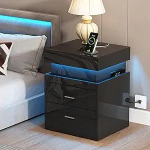 LED Nightstand with Charging Station,Smart Night Stand with Sliding Top Storage, 2-Drawers High Gloss Bedside Table, Modern End