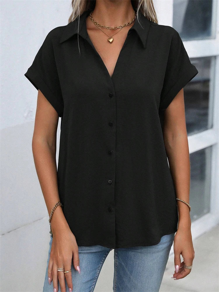 Classic Solid Color Short-sleeved Shirt Women's Summer New Casual Wind Tie Buckle Slim Short-sleeved Shirt Flip Collar Blouse