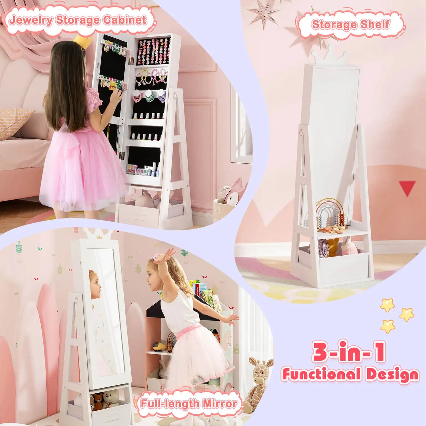 Kids Jewelry Cabinet w/ Full-Length Mirror Foldable Drawer Anti-toppling System