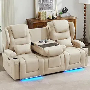Loveseat Recliner Sofa with Power Recline, Adjustable Split Back, Multi-Port Charger, Flip-Up Backrest & LED Lighting – Home Th