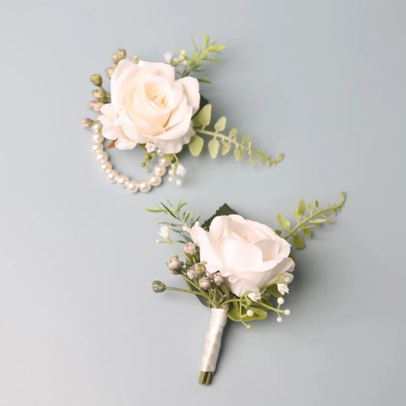 Elegant Groom Boutonniere Flowers for Mensuit Artifical Roses Wrist Corsage Wedding Accessories