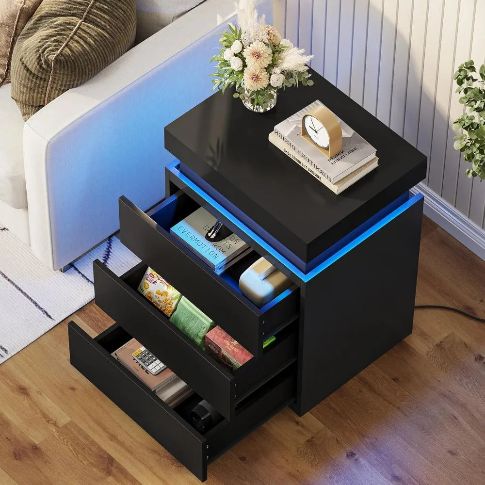 Nightstand with Charging Station and LED Lights, Led Nightstand with Sliding Top, Bedside Table with Drawers, Modern End Table S