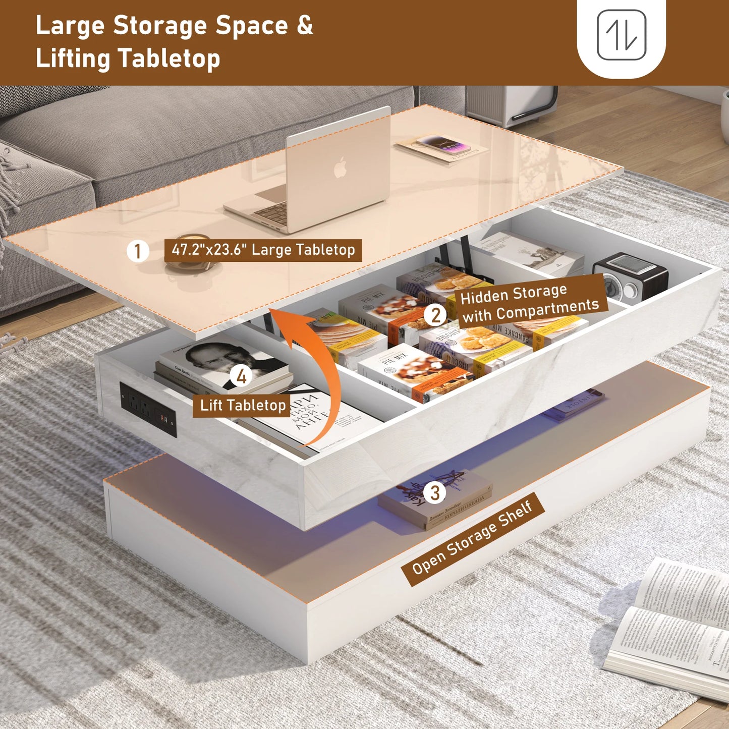High Glossy LED Coffee Tables for Living Room, Center Table with Open Display Shelf & Large Storage Space, White Coffee Table