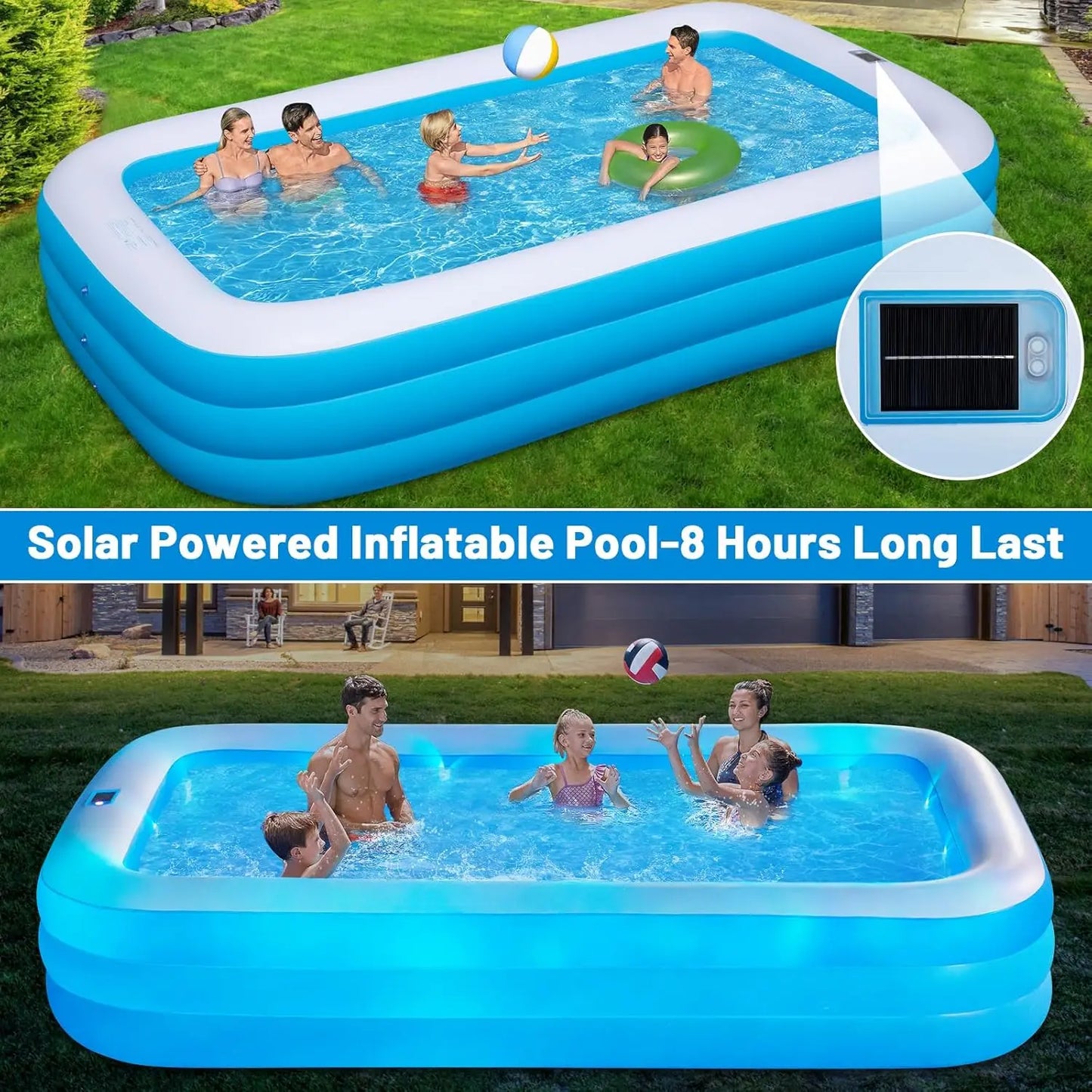 Inflatable Pool with Lights, 130"x72"x22" Solar Inflatable Swimming Pool with Air Pump for Kids, Adults, Family, 7 Color Large B