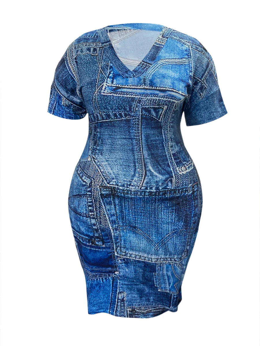 Denim V Neck Pocket Design Dress