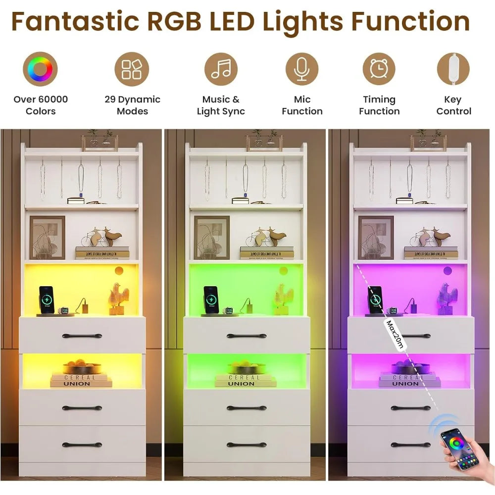 Tall Nightstand Set of 2 with Charging Station and LED Lights, White Night Stand Set 2 with Bookshelf, Modern LED Bedside Table
