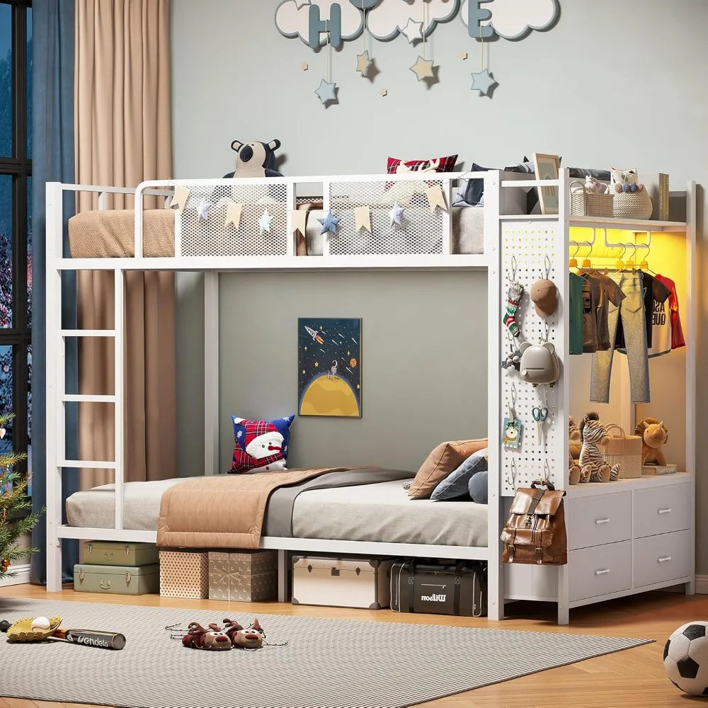 Twin Over Twin Metal Bunk Bed with Hall Tree, Power Outlet, LED Lighting, 4 Storage Drawers, and Safety Guardrail