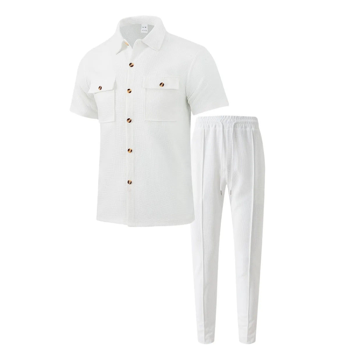 2025 New solid color button pocket shirt short sleeve trousers waffle check two-piece set, outdoor travel set spring and summer