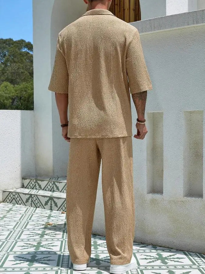 New Spring summer Men's retro casual suit collar solid color half-sleeved shirt loose drawstring pants Two-piece beach Suit