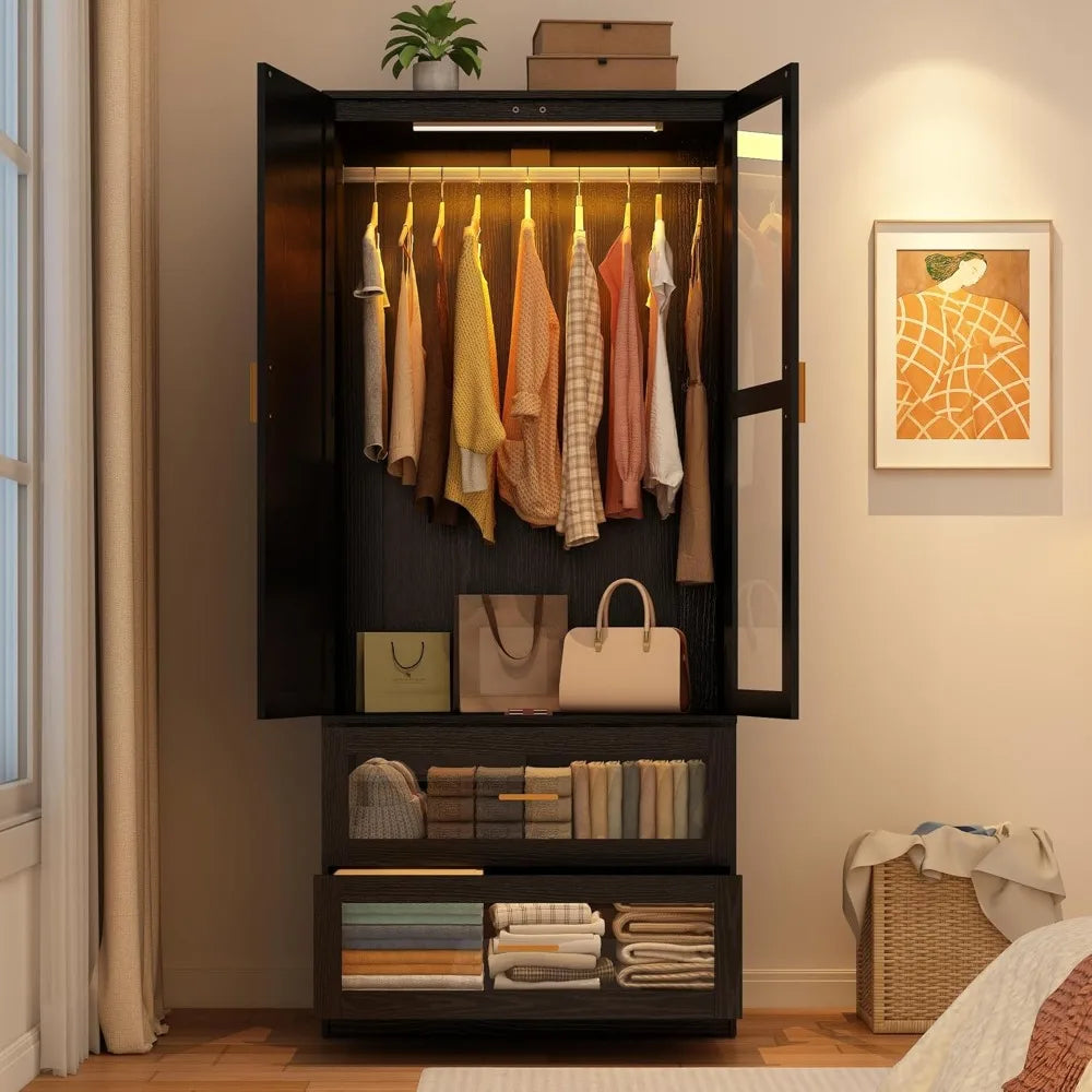 2 Doors Armoire Wardrobe Closet with LED and Mirror,71" H Freestanding Wooden Wardrobe Closet Cabinet for Bedroom w 2 Drawers,Wo