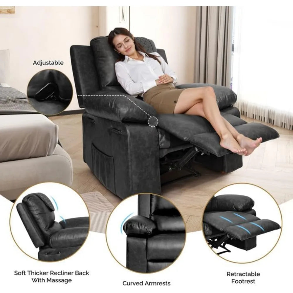 Recliner Chair, Electric Adjustable PU Massage Living Room Chairs for Adults (Black)