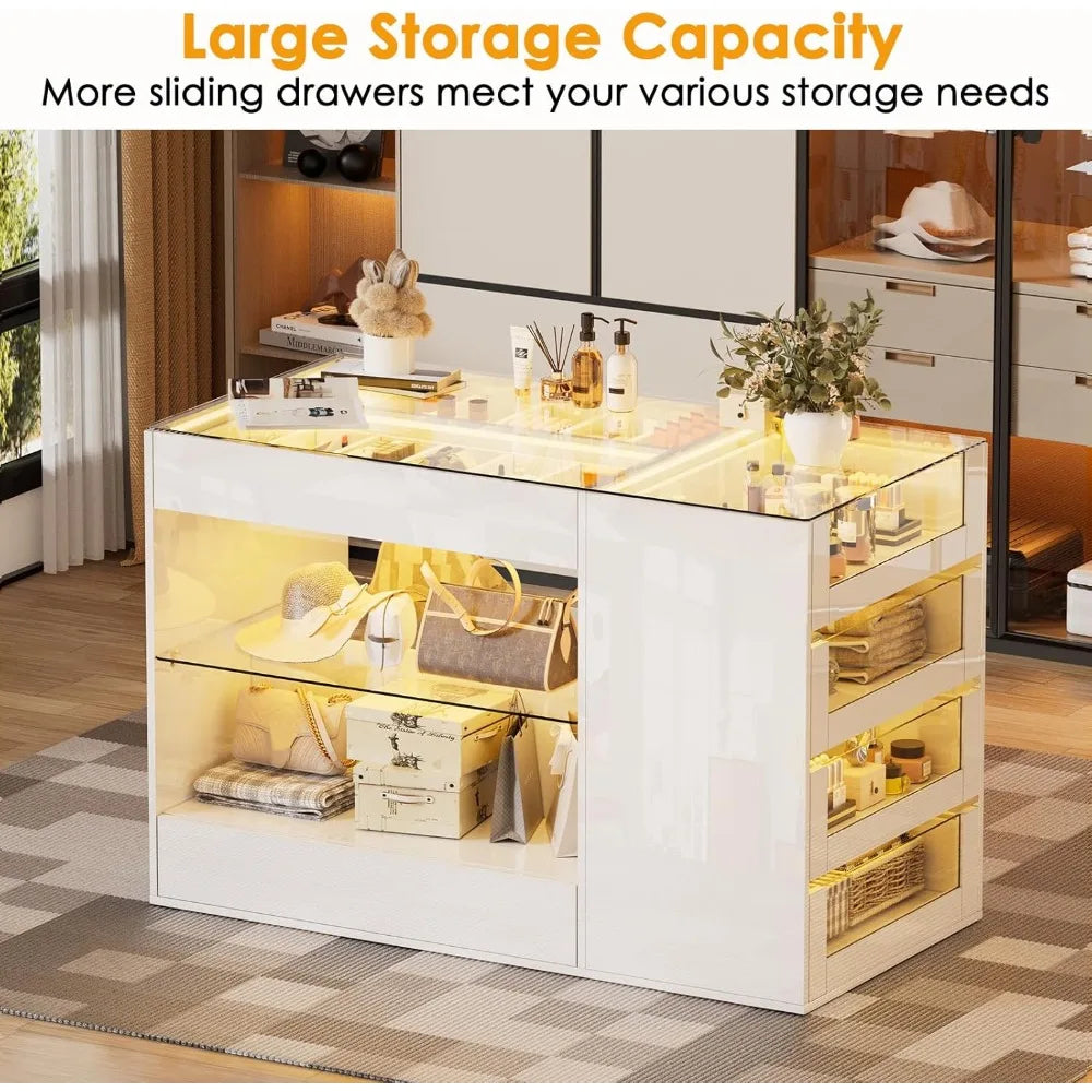 Closet Island with Drawers, Glossy Wardrobe Armoire Bedroom Island, Makeup Vanity Storage Island with Glass Tabletop&LED Light,