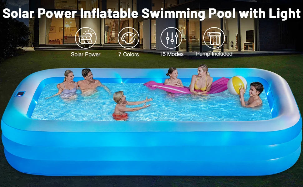 Inflatable Pool with Lights, 130"x72"x22" Solar Inflatable Swimming Pool with Air Pump for Kids, Adults, Family, 7 Color Large B