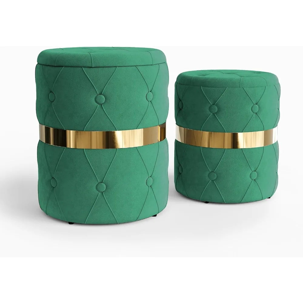 Round Storage Ottoman Set of 2, Fully Assembled Velvet Vanity Stool Chair, for Bedroom, Living Room, Office and Study Room, Blue