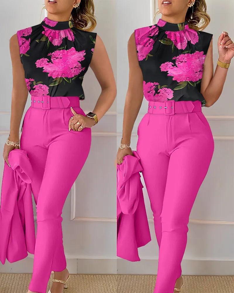 Women's Two Piece Set O Neck Sleeveless Top Pencil Pants Fashion Print With Belt Blouses Tank 2 Piece Set Female Women Clothing