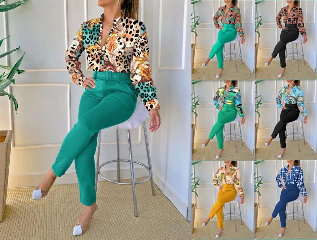 Spring New Printed Long Sleeved Shirt Suit Women's Slim Retro Stand Collar Pocket Small Foot Trousers Two Piece Set With Belt