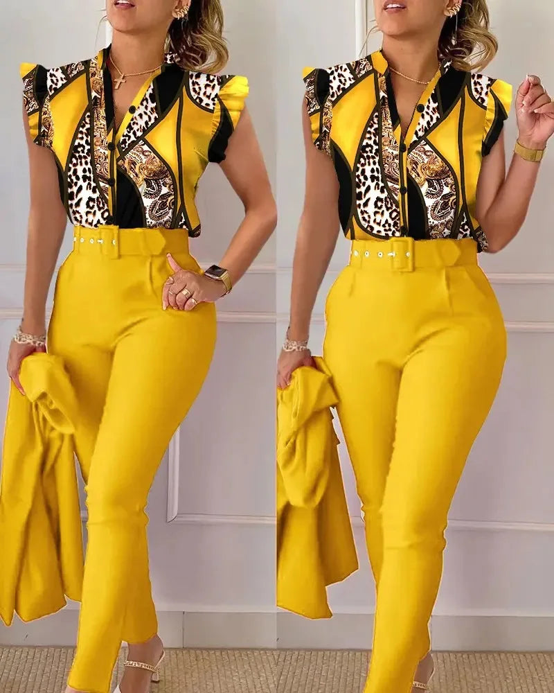Summer Women's Flower Print Lotus Leaf Sleeve High Waist Pants Set Waist Belt Women's V-Neck Two Piece Set Work Suit Set