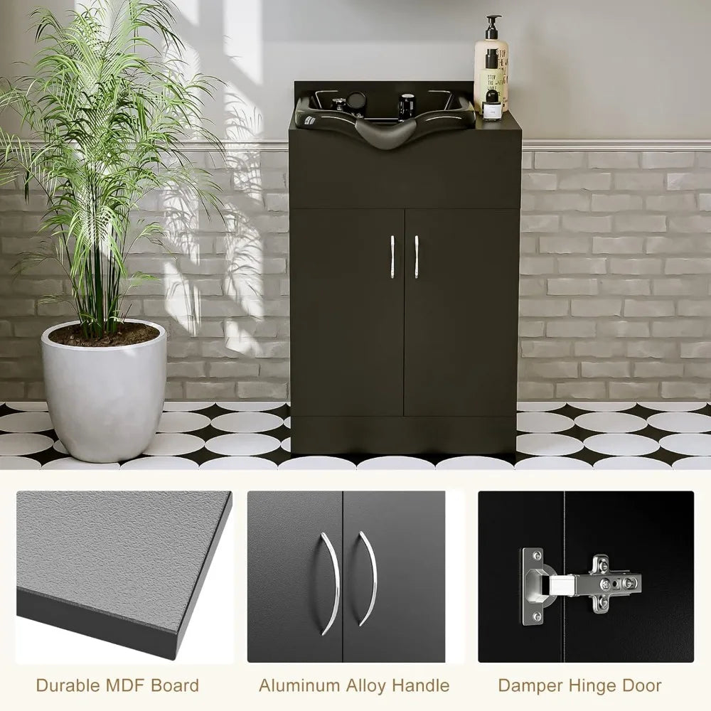 Black Shampoo Cabinet Station for Salon, Salon Backwash Station with Shampoo Bowl, Suitable Height Match with Shampoo Chair