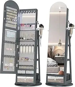 LED Mirror Jewelry Cabinet Standing, Lockable Jewelry Armoire with Arched Full-Length Mirror and Adjustable LED Lights, Space-S