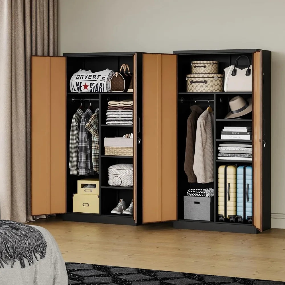 Metal Wardrobe Cabinet with Locking Doors, Metal Storage Armoire Closet for Clothing, 2 Door Woodgrain Locker Cabinet with Adju