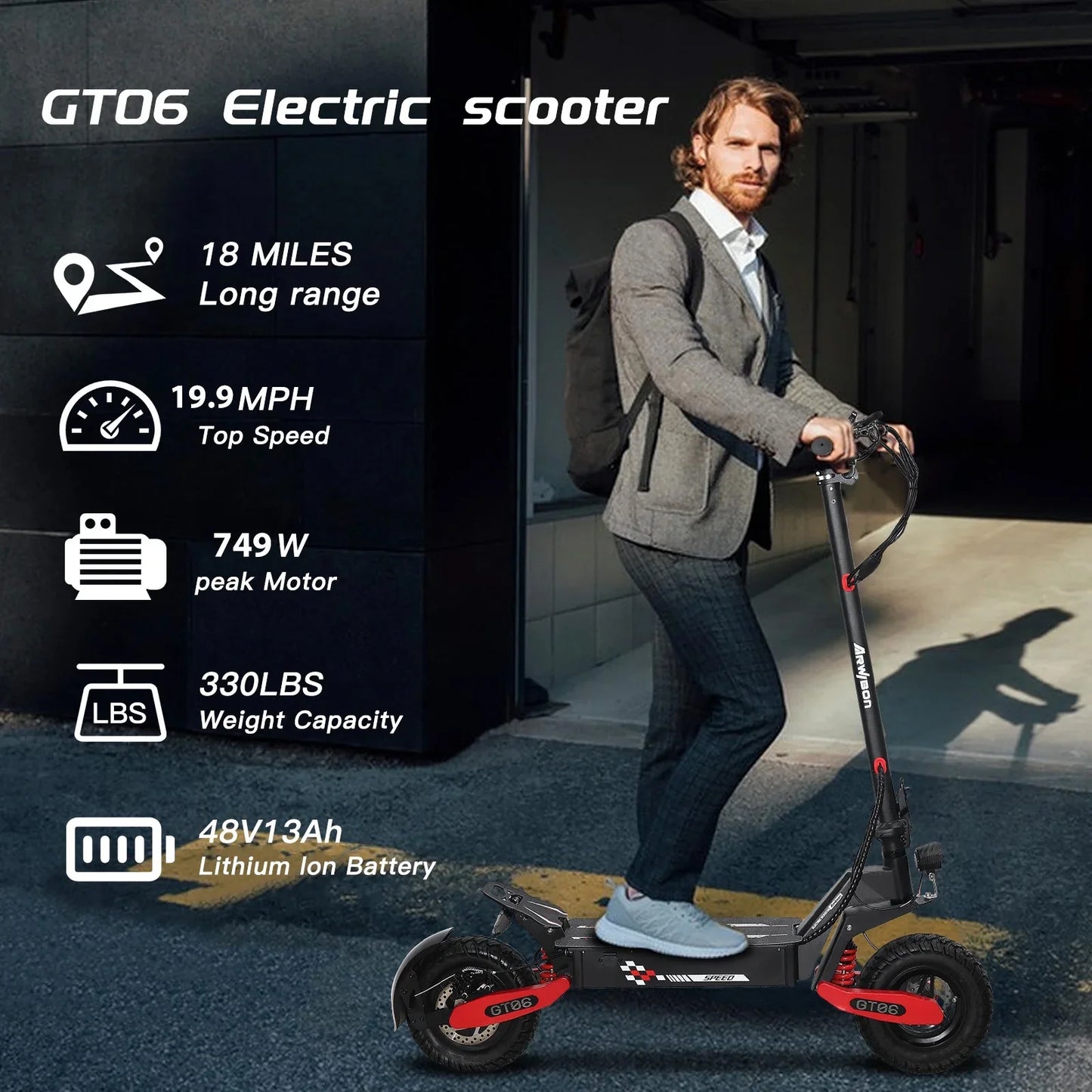 Adult electric scooter, electric commuting scooter, range of 28 miles, 1200W motor dual braking system and shock absorption