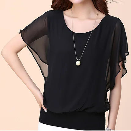 New Summer O Neck Short Sleeve Loose Fashion Chiffon Shirt For Women Top Black Casual Shirts Women Clothes 2025