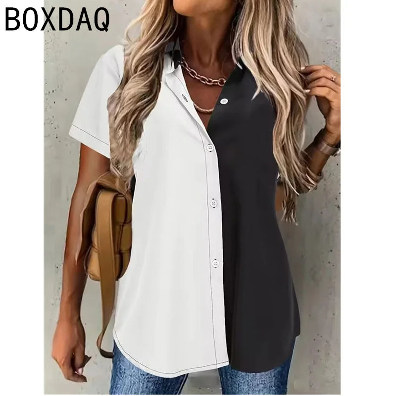 Classic Fashion Two Color Spliced Short-sleeved Shirt Women's Summer New Casual Buckle Slim Shirt Office Ladies's Work Shirt