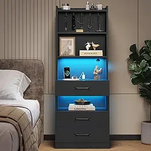 Tall Nightstand with Charging Station and LED Lights, Large Black Night Stand with Bookshelf, Modern LED Bedside Table with 3 D