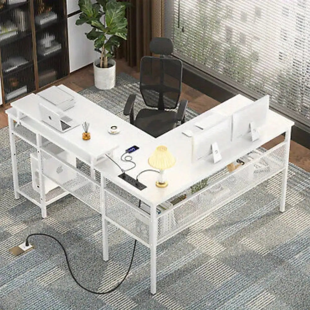 L-shaped computer desk with lighting in more than 60, 000 colors, unique grid back plate and grid bookshelves