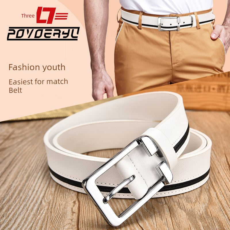 White Korean Style Trendy Casual Men's Leather Belt for Young People