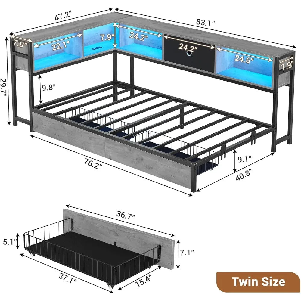 Hasuit Corner Bed Frame with Storage Bookcase, Twin Daybed with Storage Drawers Underneath, Kids Bed Unit with Charging