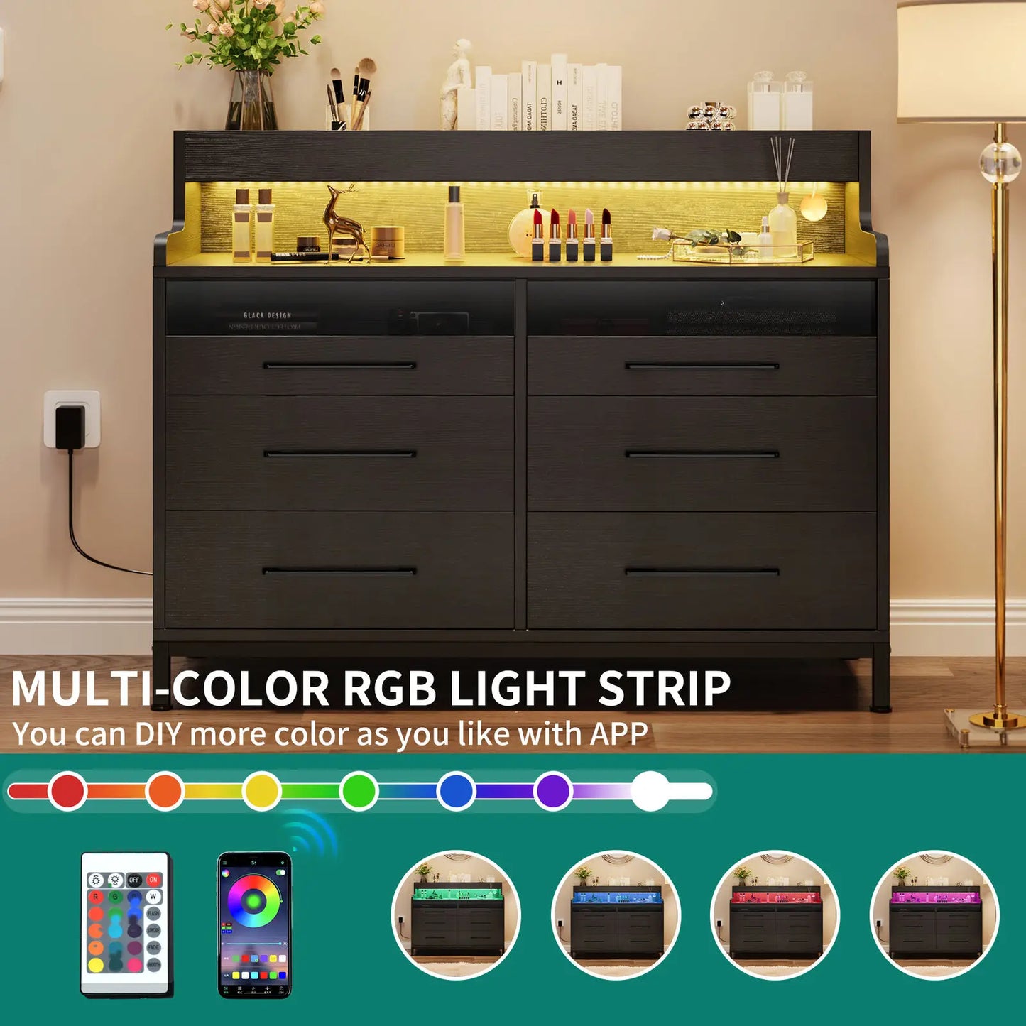 LED Dresser with 6-Drawer Bedroom Chest of Drawers File Cabinet w/Open Shelves