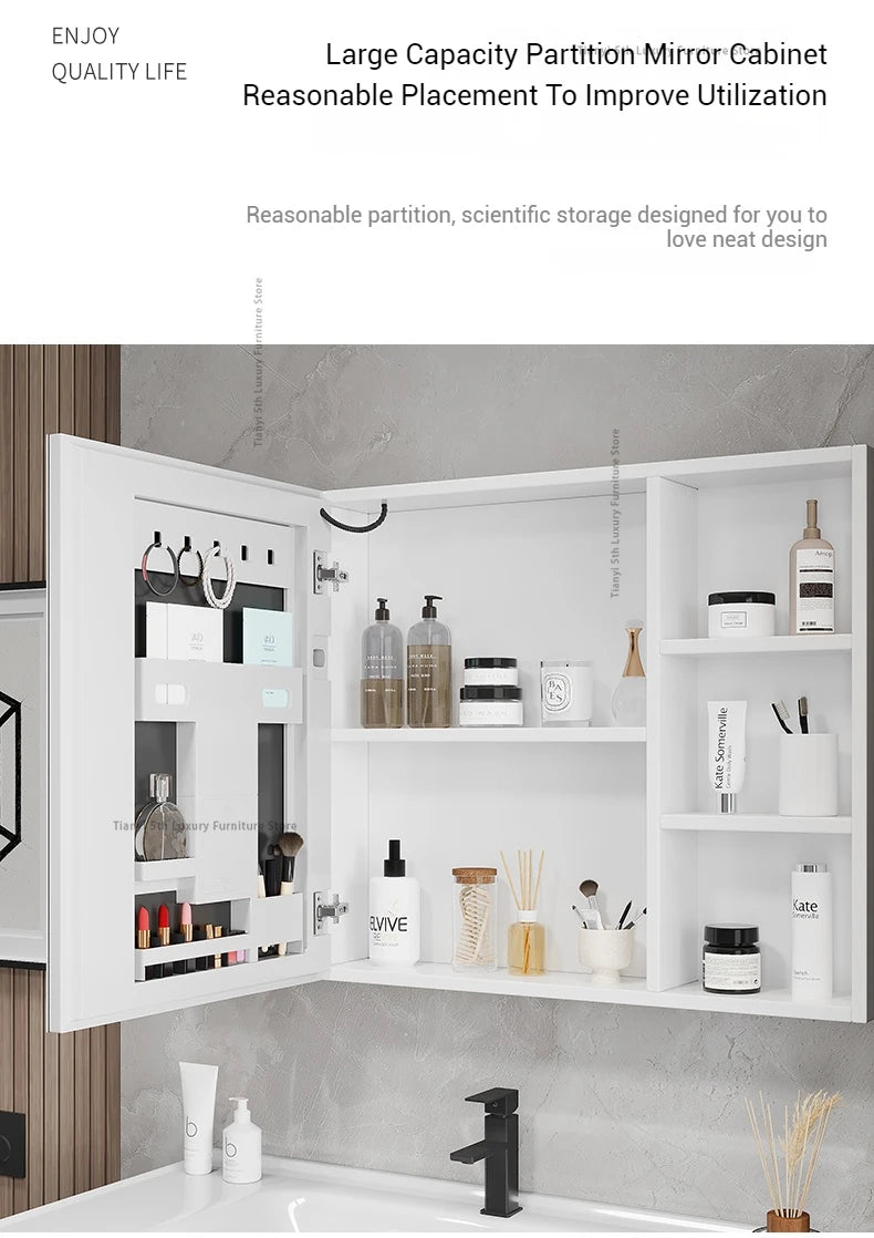 Space Aluminum Bathroom Mirror Wall-mounted Make Up Vanity Storage Mirror Cabinet Shelves Home Furniture Muebles Bano FYBC