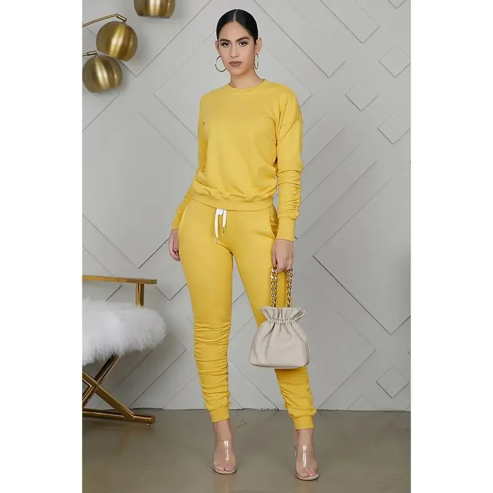 New round Neck Long Sleeve Slim Fit Warm Top Elastic Waistband Lace-up Trousers Simple Solid Color Sports Two-Piece Set