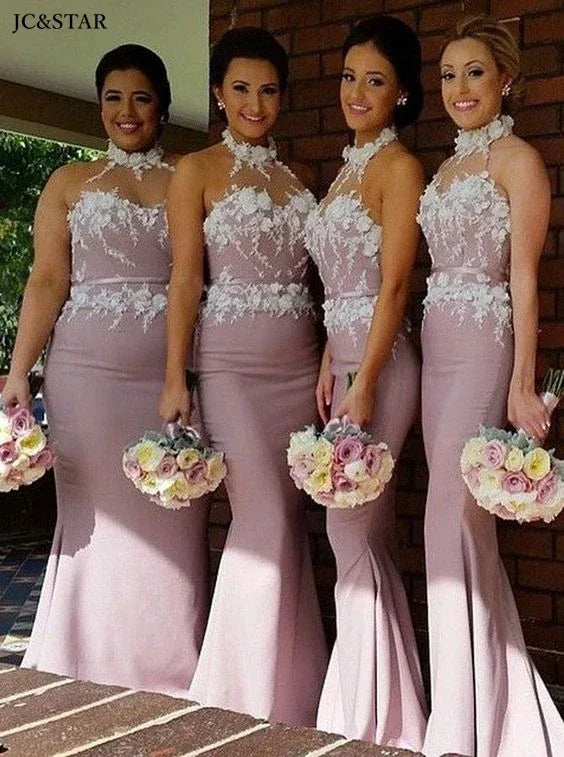 Dusty Pink Mermaid Long Bridesmaid Dress High Neck 3D Flower Lace Satin Hochzeitspartykleid Long African Vestido De Gala Prom