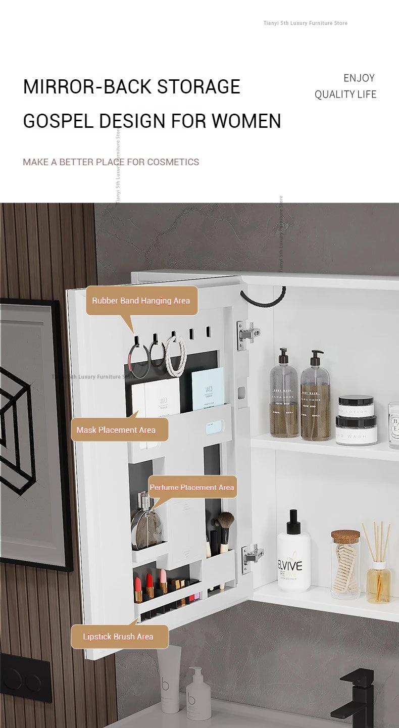 Space Aluminum Bathroom Mirror Wall-mounted Make Up Vanity Storage Mirror Cabinet Shelves Home Furniture Muebles Bano FYBC