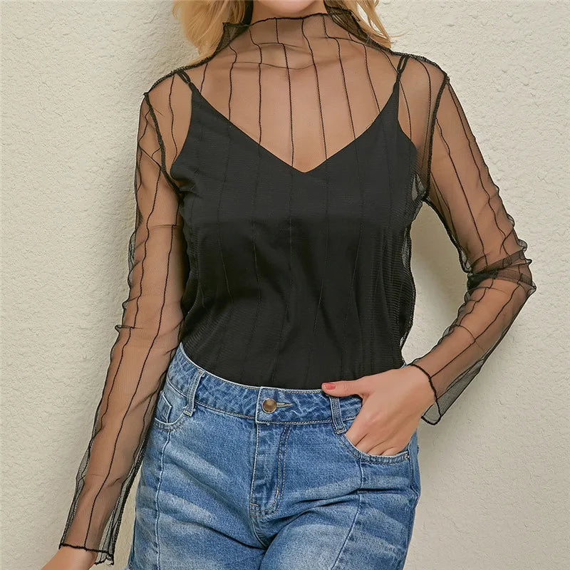Women Mesh See Shirt Through Elegant Tops 2024 Hollow Transparent Fashion Exquisite Shirts Pentagram Dot Base Top