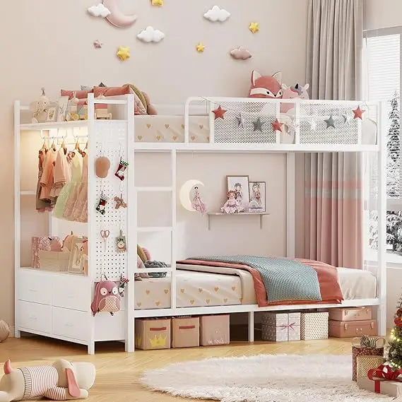 Twin Over Twin Metal Bunk Bed with Hall Tree, Power Outlet, LED Lighting, 4 Storage Drawers, and Safety Guardrail