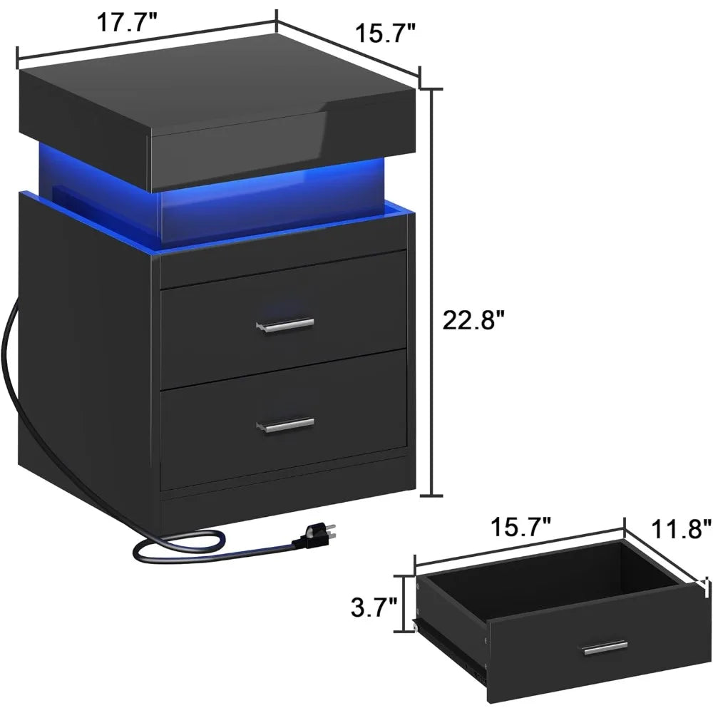 LED Nightstand with Charging Station,Smart Night Stand with Sliding Top Storage, 2-Drawers High Gloss Bedside Table, Modern End