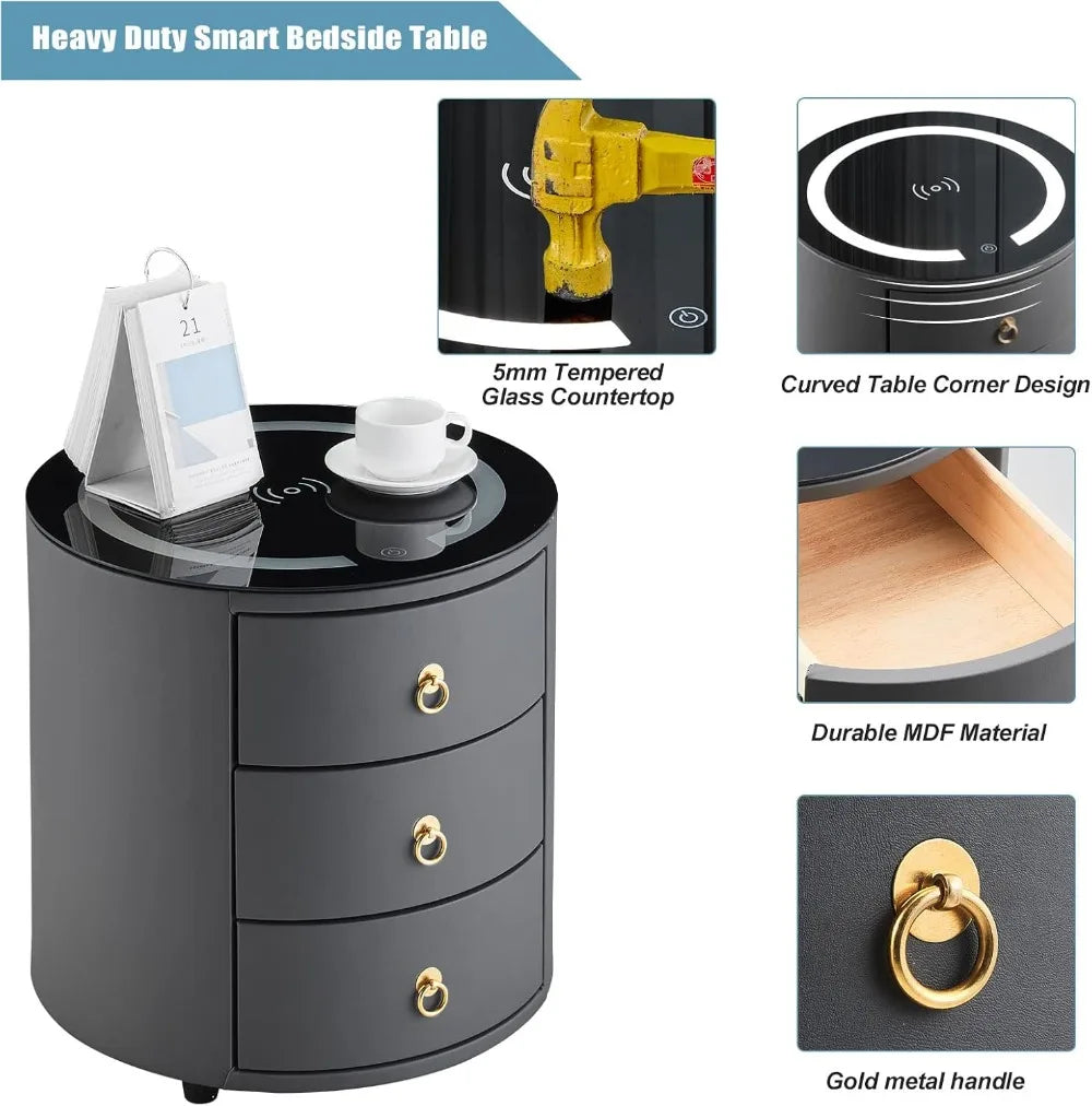 Smart Nightstand with Wireless Charging Station & LED Lights, Modern Round Bedside Table with 3 Drawers, Faux Leather End Table