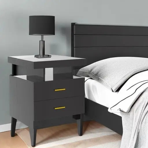 LED Nightstand with Charging Station High Gloss Bedside Table with 2 Drawers, Smart Night Stand with Auto Sensor Lights