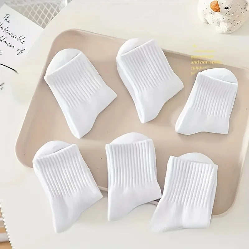 5-piece set of children's black and white solid color mid-calf socks - breathable polyester blend, ribbed texture, comfortable f