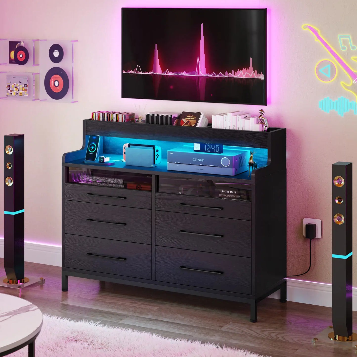 LED Dresser with 6-Drawer Bedroom Chest of Drawers File Cabinet w/Open Shelves