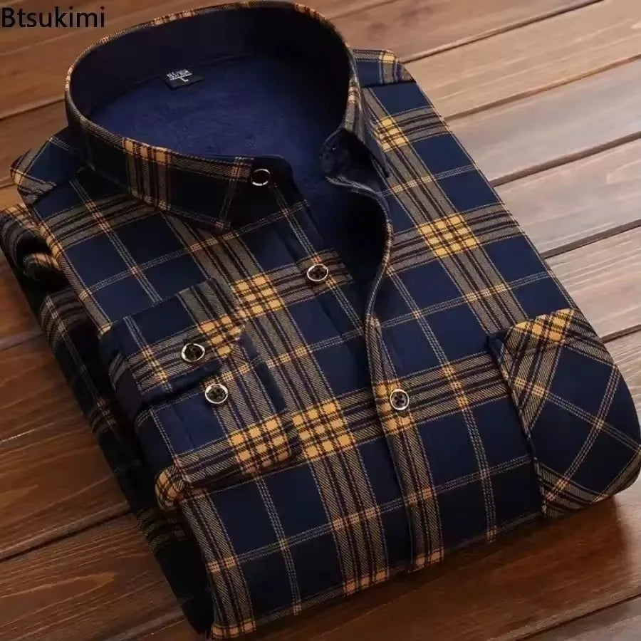 2025 Men's Autumn Winter Thick Warm Long Sleeve Plaid Shirt