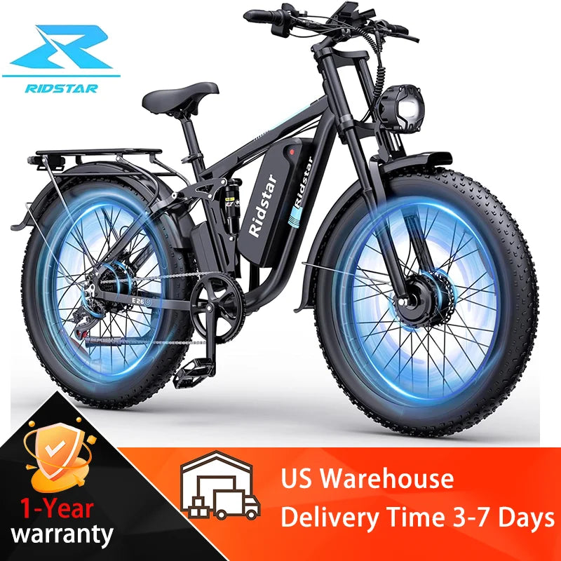 Ridstar 2000W Electric Bike 26 Inch Fat Tire Adult Ebike 48V 23AH Battery Dual Motor Off-Road All Terrain Electric Bicycle EMTB